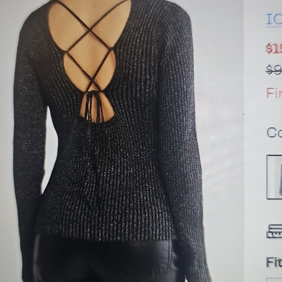 NWT ICHI Metallic Crossback Long Sleeved Ribbed Knit Metallic Black Top XL - Picture 2 of 13